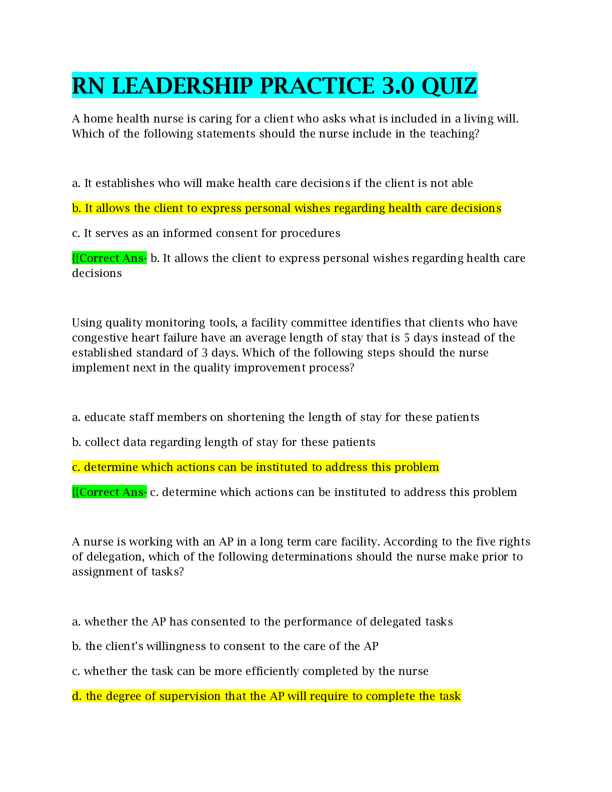 Preview image of RN LEADERSHIP PRACTICE 3.0 QUIZ with complete solution document